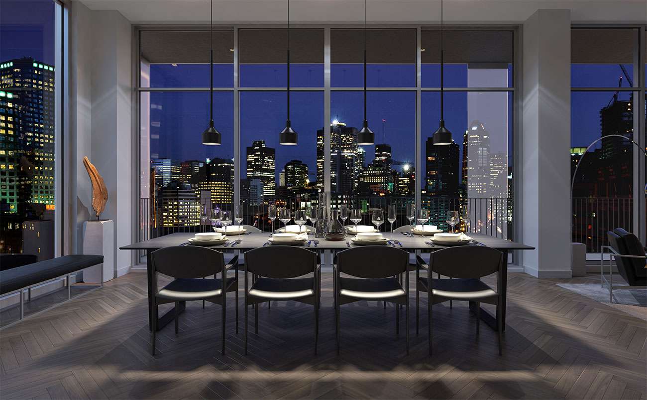 Penthouse grande-cuisine fenêtres baie-vitrée condos luxe Montréal centre-ville