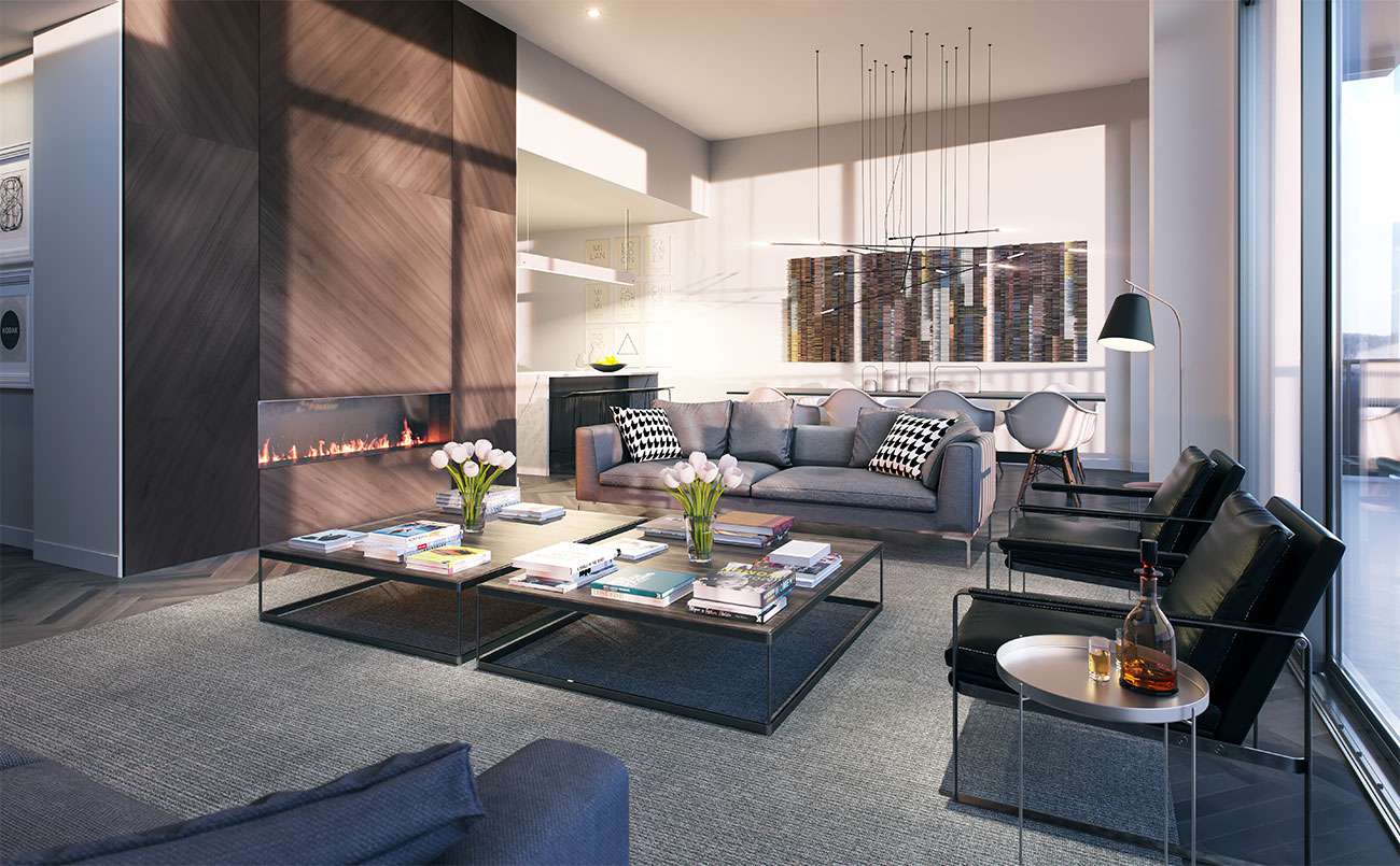 Penthouse living room common-space modern fireplace bright luxury new condo