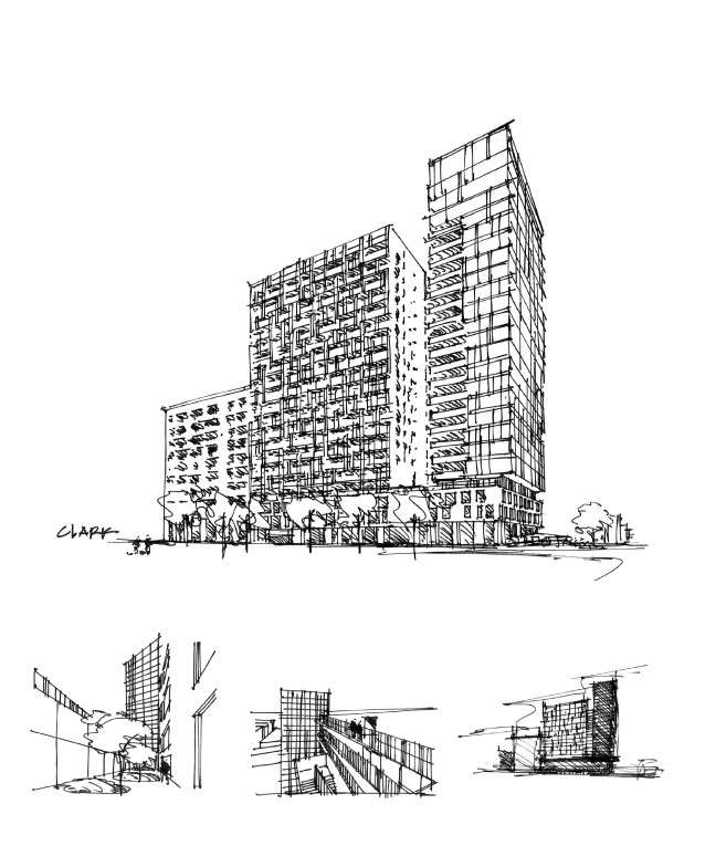 Dessin ébauche idéation concept architecture nouveau condo luxe Montréal centre-ville
